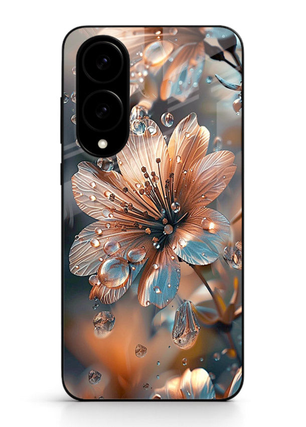 Blue-orange floral bloom artwork on Samsung S25 Edge glass back cover with vivid contrasting petals.