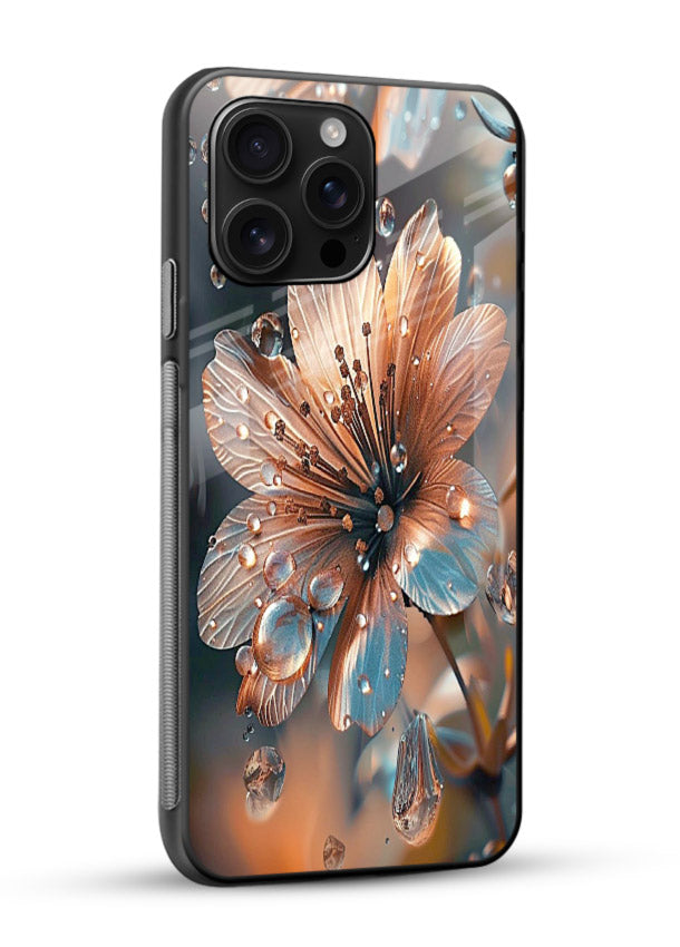 Blue-orange floral bloom artwork on glossy vibrant premium glass back cover with vivid contrasting petals. - Angle Side