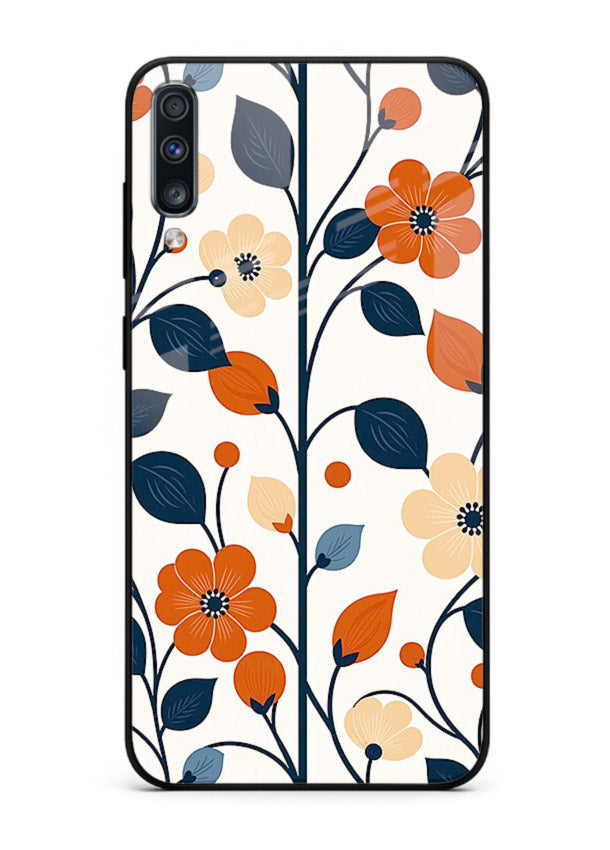 Blue Orange Floral vibrant floral pattern Samsung A70 glass back cover