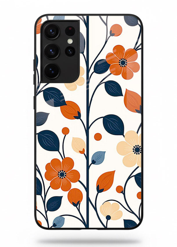 Blue Orange Floral vibrant floral pattern Samsung S21 Ultra glass back cover