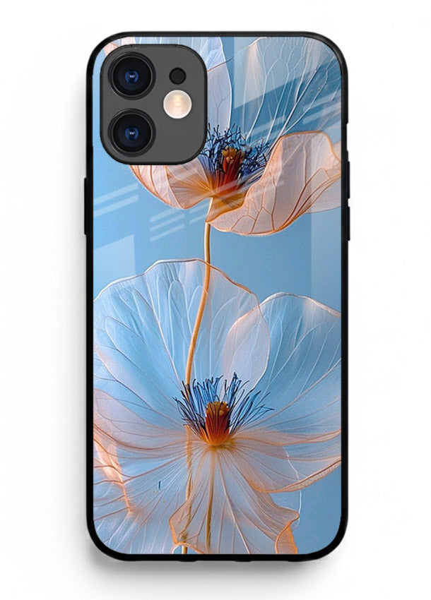 Blue-pink poppy artwork on iphone 12 mini glass back cover with expressive floral shading.