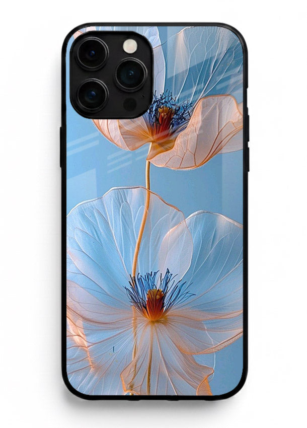 Blue-pink poppy artwork on iphone 14 pro max glass back cover with expressive floral shading.