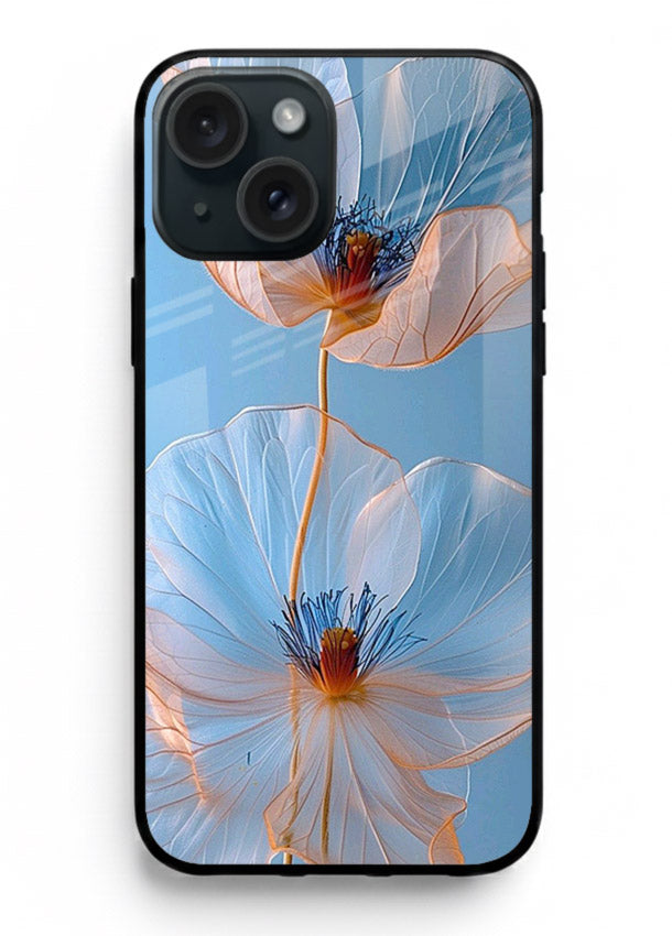 Blue-pink poppy artwork on iphone 14 glass back cover with expressive floral shading.