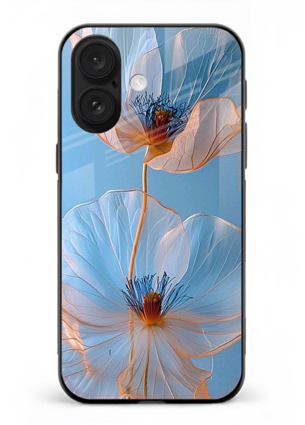 Blue-pink poppy artwork on iphone 17 glass back cover with expressive floral shading.