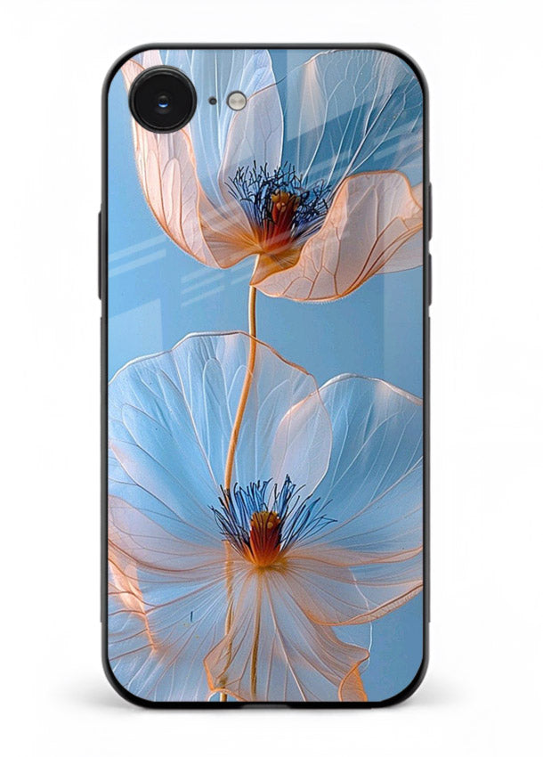 Blue-pink poppy artwork on iphone 16e glass back cover with expressive floral shading.