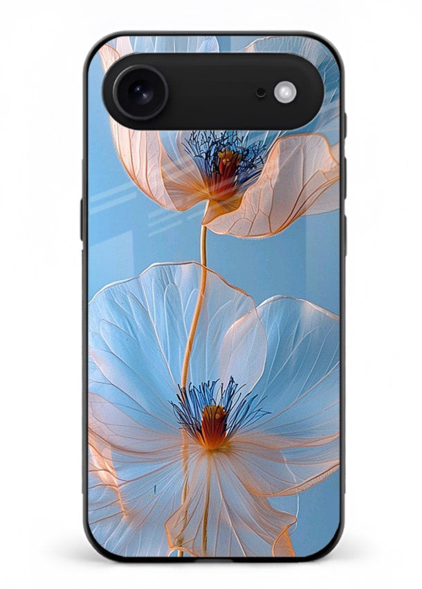 Blue-pink poppy artwork on iphone 18 air glass back cover with expressive floral shading.