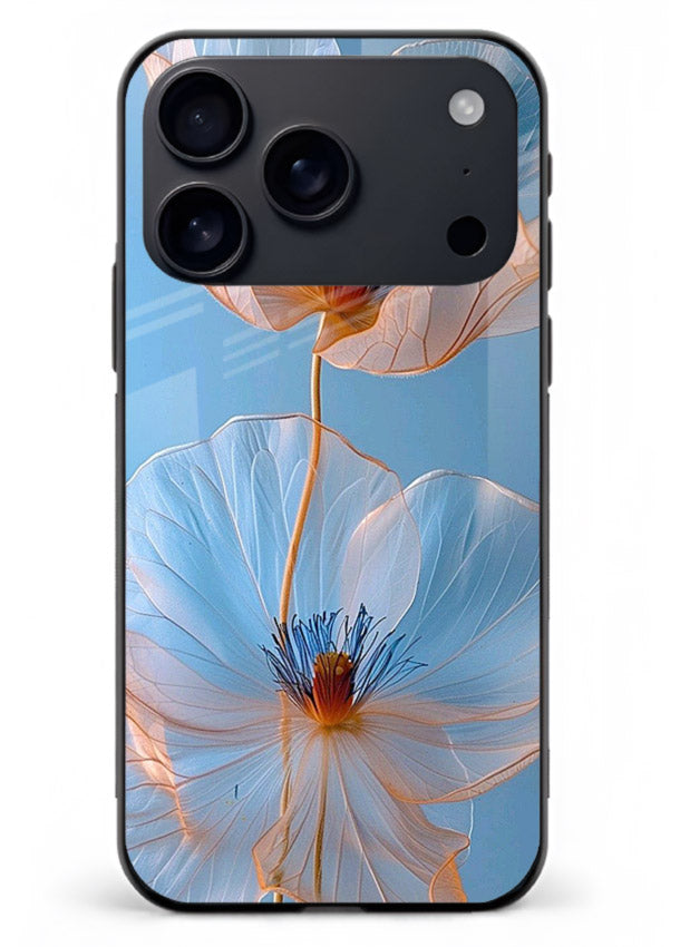 Blue-pink poppy artwork on iphone 17 pro max glass back cover with expressive floral shading.