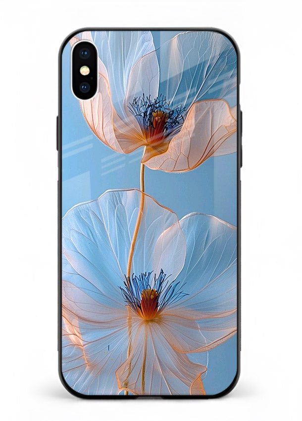 Blue-pink poppy artwork on iphone xs max glass back cover with expressive floral shading.
