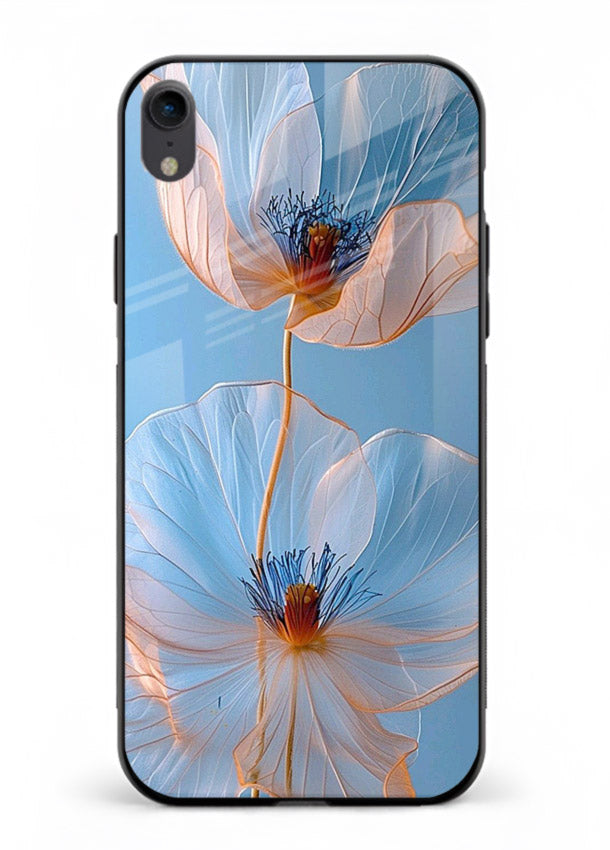 Blue-pink poppy artwork on iphone xr glass back cover with expressive floral shading.