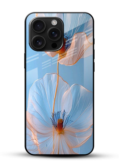 Blue-pink poppy artwork on glossy vibrant premium glass back cover with expressive floral shading. - Angle Front