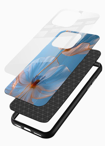 Blue-pink poppy artwork on glossy vibrant premium glass back cover with expressive floral shading. - Angle Layers