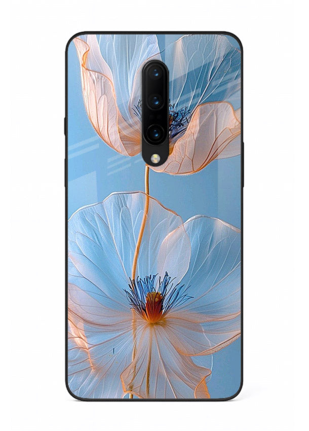 Blue-pink poppy artwork on OnePlus 7T Pro glass back cover with expressive floral shading.