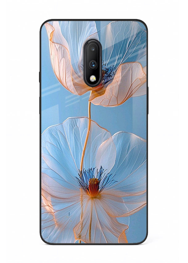 Blue-pink poppy artwork on OnePlus 7 glass back cover with expressive floral shading.