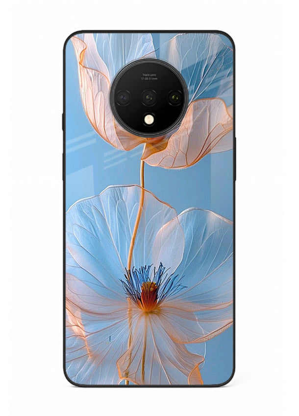 Blue-pink poppy artwork on OnePlus 7T glass back cover with expressive floral shading.