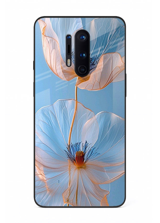 Blue-pink poppy artwork on OnePlus 8 Pro glass back cover with expressive floral shading.