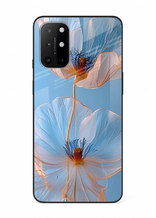 Blue-pink poppy artwork on OnePlus 8T glass back cover with expressive floral shading.