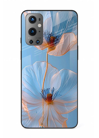 Blue-pink poppy artwork on OnePlus 9 glass back cover with expressive floral shading.