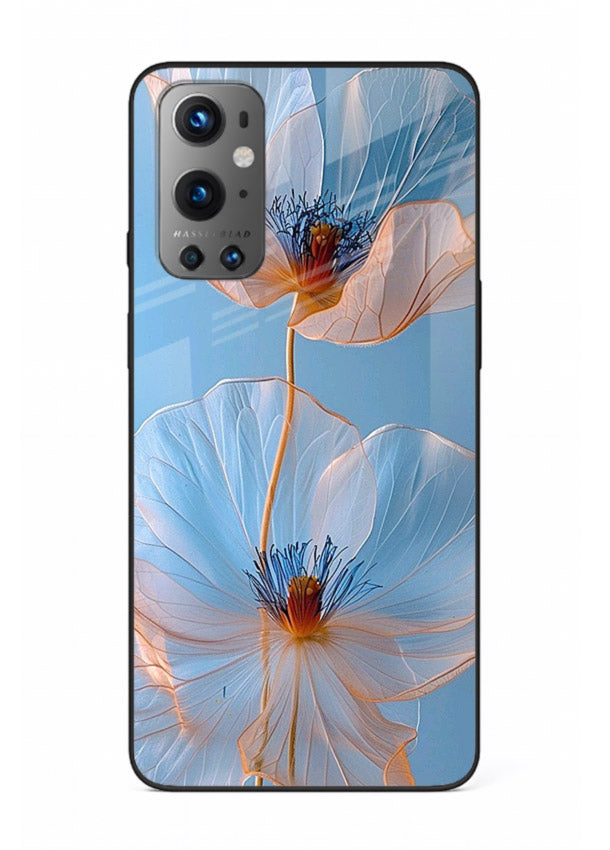 Blue-pink poppy artwork on OnePlus 9 glass back cover with expressive floral shading.
