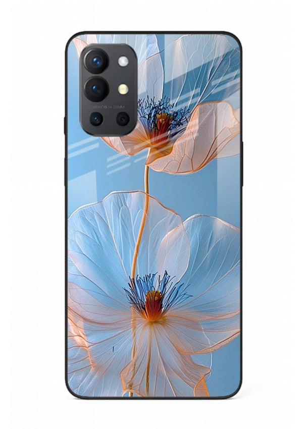 Blue-pink poppy artwork on OnePlus 9R glass back cover with expressive floral shading.