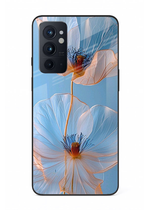 Blue-pink poppy artwork on OnePlus 9RT glass back cover with expressive floral shading.