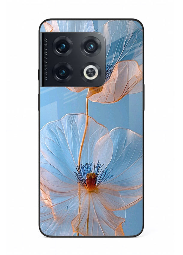 Blue-pink poppy artwork on OnePlus 10 Pro glass back cover with expressive floral shading.