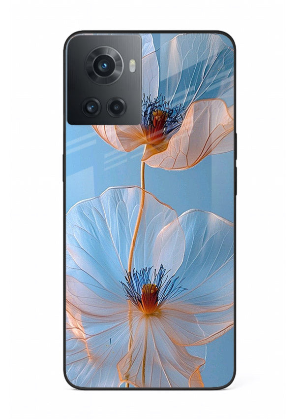 Blue-pink poppy artwork on OnePlus 10R glass back cover with expressive floral shading.