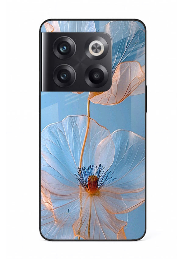 Blue-pink poppy artwork on OnePlus 10T glass back cover with expressive floral shading.