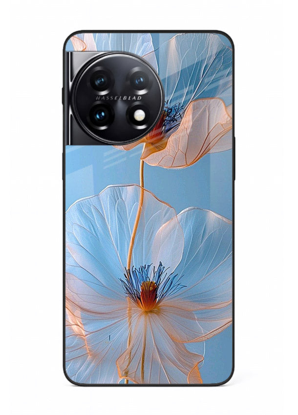 Blue-pink poppy artwork on OnePlus 11R glass back cover with expressive floral shading.