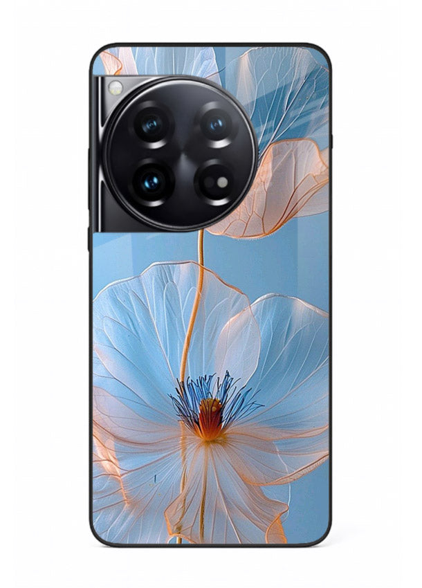Blue-pink poppy artwork on OnePlus 12 glass back cover with expressive floral shading.