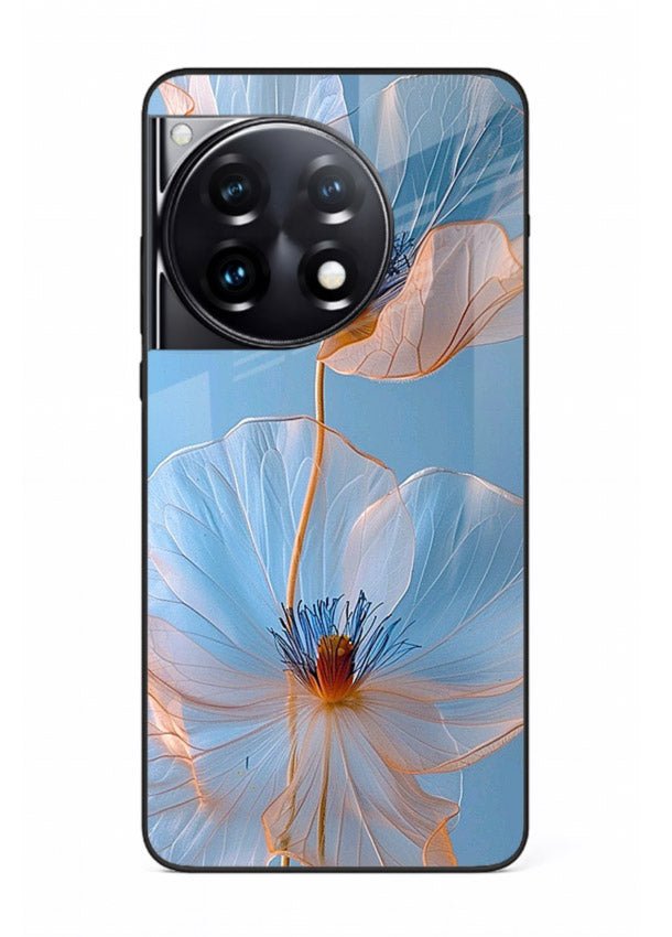 Blue-pink poppy artwork on OnePlus 12R glass back cover with expressive floral shading.