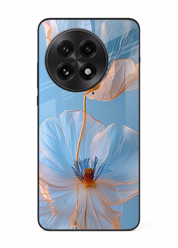 Blue-pink poppy artwork on OnePlus 13R glass back cover with expressive floral shading.