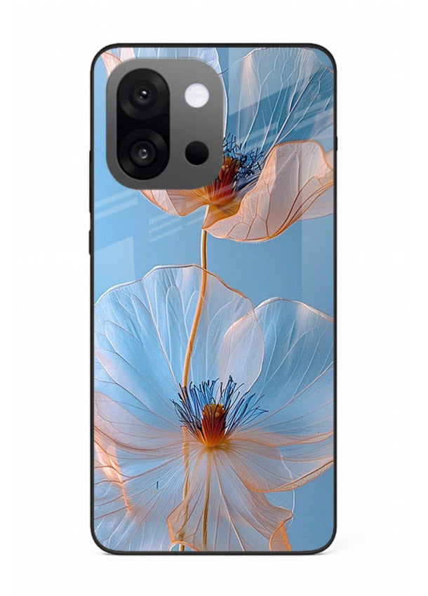 Blue-pink poppy artwork on OnePlus 13s glass back cover with expressive floral shading.
