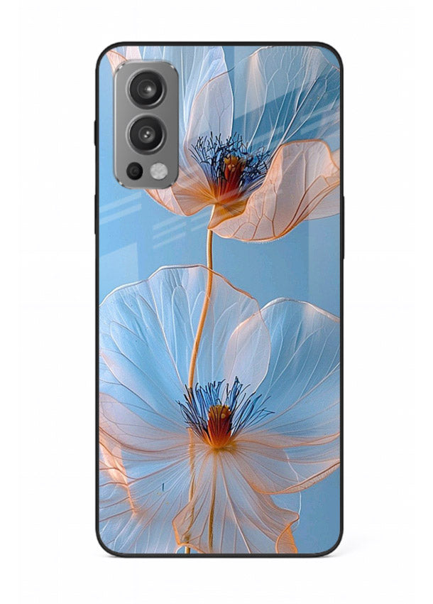 Blue-pink poppy artwork on OnePlus Nord 2 glass back cover with expressive floral shading.