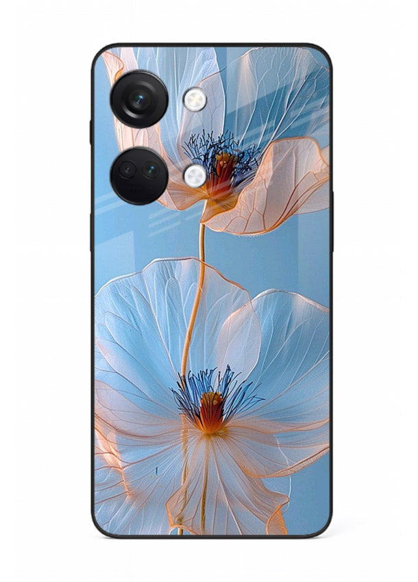 Blue-pink poppy artwork on OnePlus Nord 3 glass back cover with expressive floral shading.