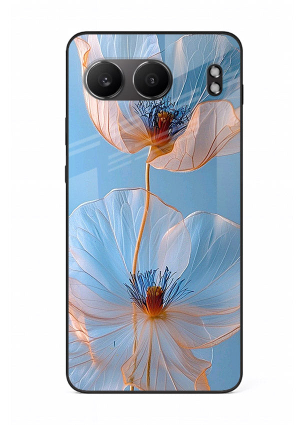 Blue-pink poppy artwork on OnePlus Nord 4 glass back cover with expressive floral shading.