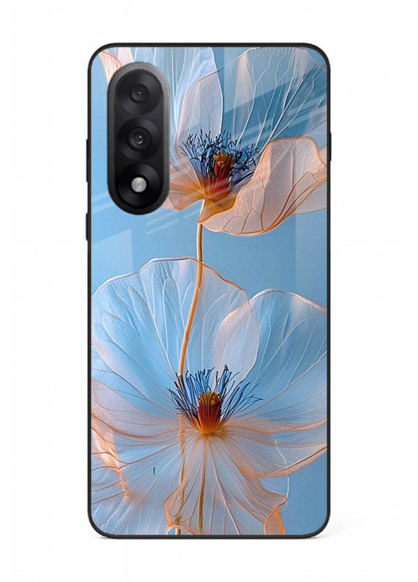 Blue-pink poppy artwork on OnePlus Nord 5 glass back cover with expressive floral shading.