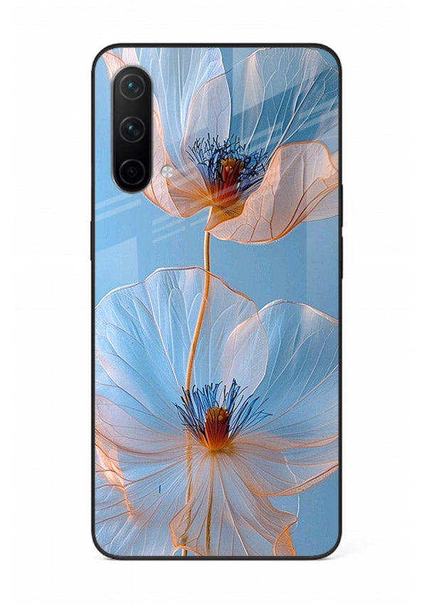 Blue-pink poppy artwork on OnePlus Nord CE 5G glass back cover with expressive floral shading.