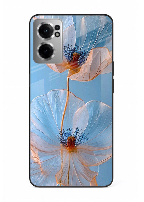 Blue-pink poppy artwork on OnePlus Nord CE2 5G glass back cover with expressive floral shading.