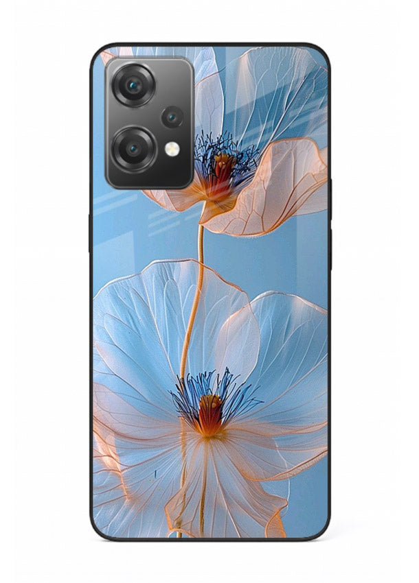 Blue-pink poppy artwork on OnePlus Nord CE2 Lite 5G glass back cover with expressive floral shading.