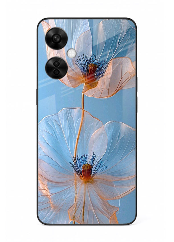 Blue-pink poppy artwork on OnePlus Nord CE3 Lite glass back cover with expressive floral shading.