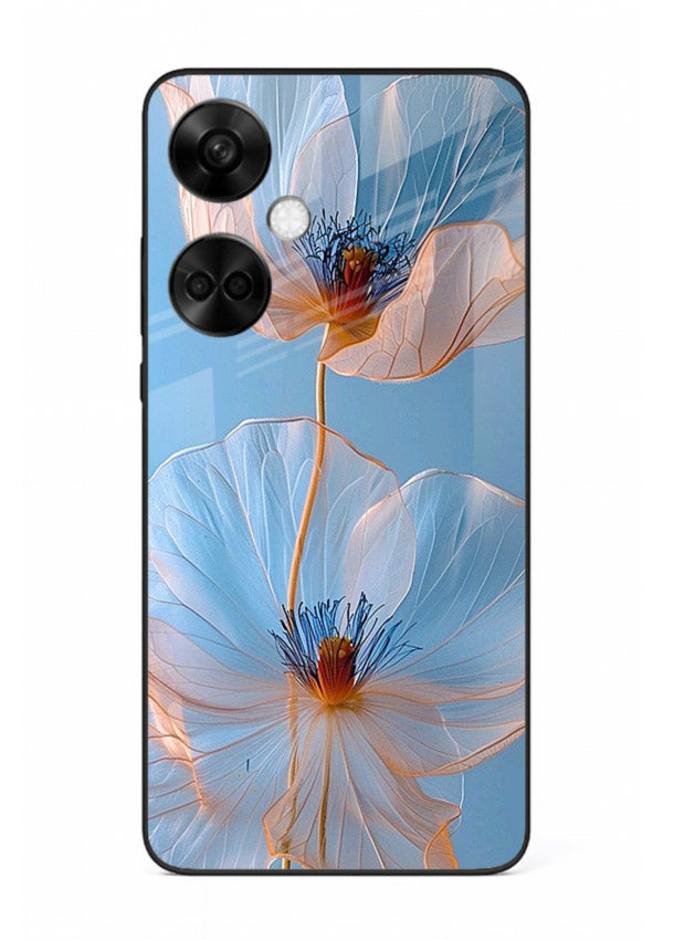 Blue-pink poppy artwork on OnePlus Nord CE3 glass back cover with expressive floral shading.