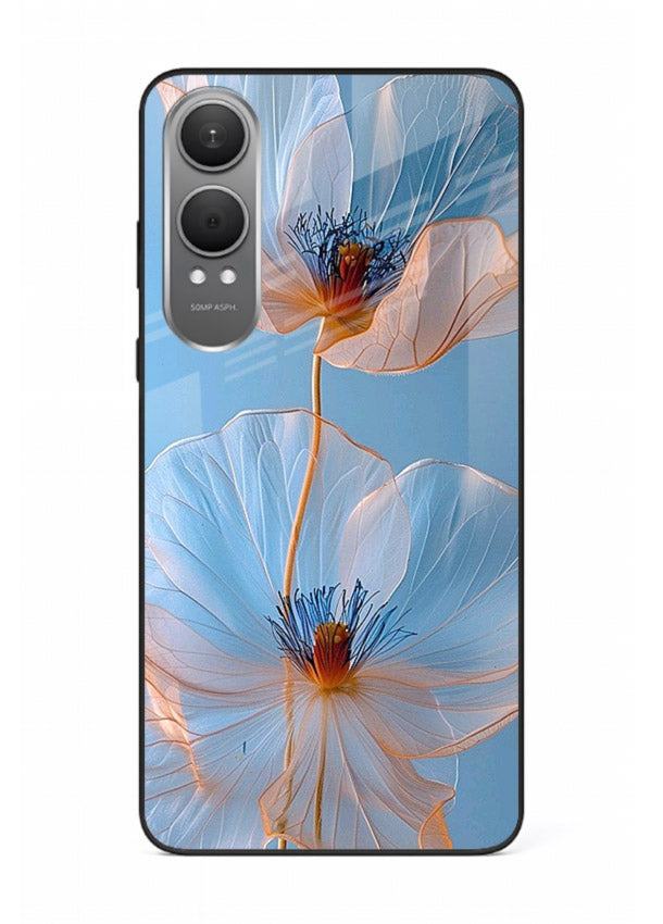 Blue-pink poppy artwork on OnePlus Nord CE4 Lite glass back cover with expressive floral shading.