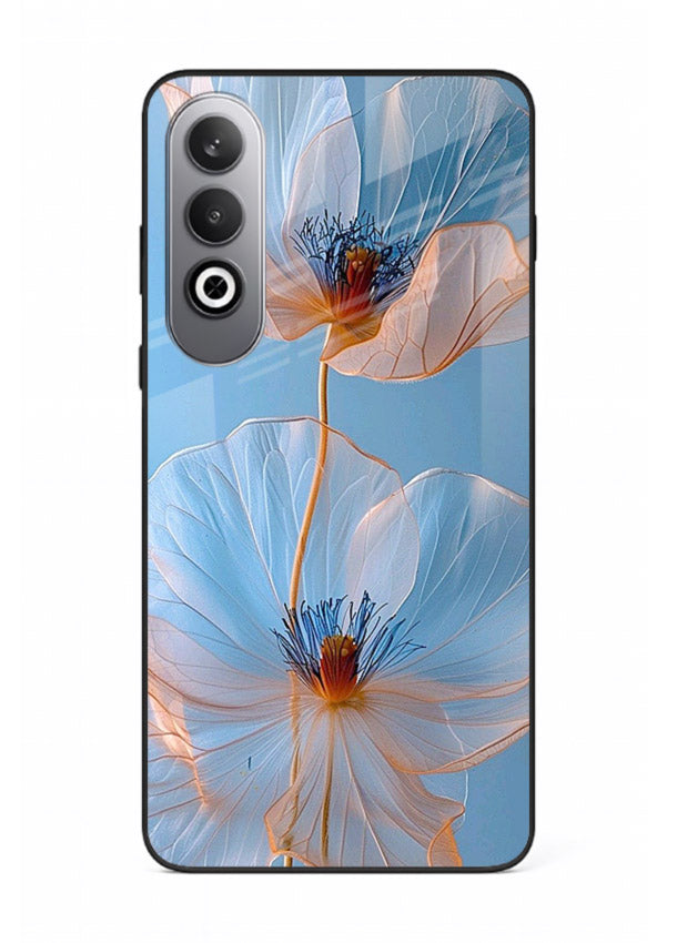 Blue-pink poppy artwork on OnePlus Nord CE4 glass back cover with expressive floral shading.