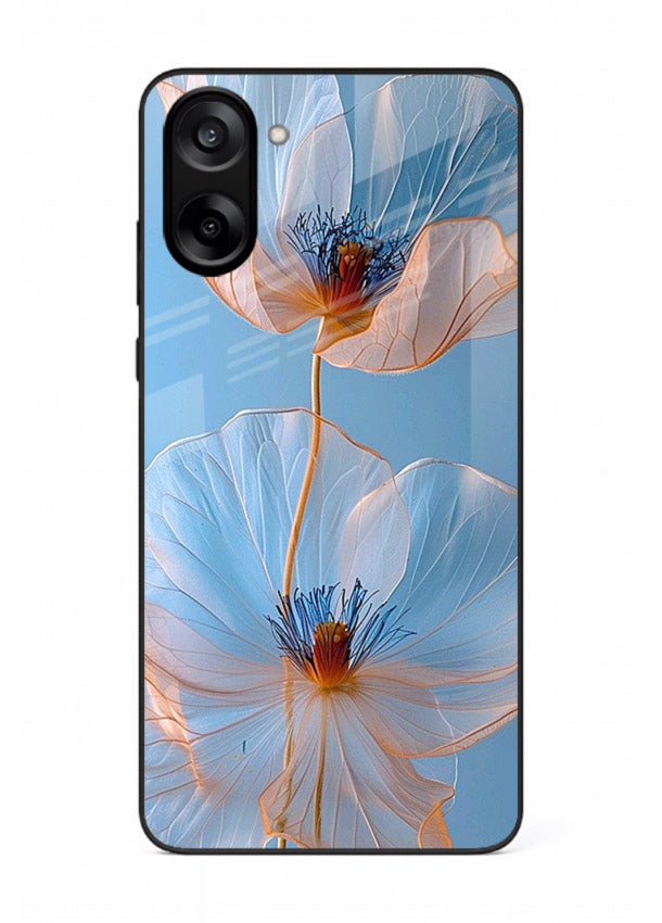 Blue-pink poppy artwork on OnePlus Nord CE5 glass back cover with expressive floral shading.