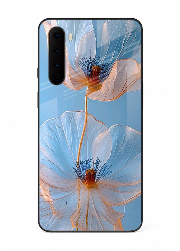 Blue-pink poppy artwork on OnePlus Nord glass back cover with expressive floral shading.