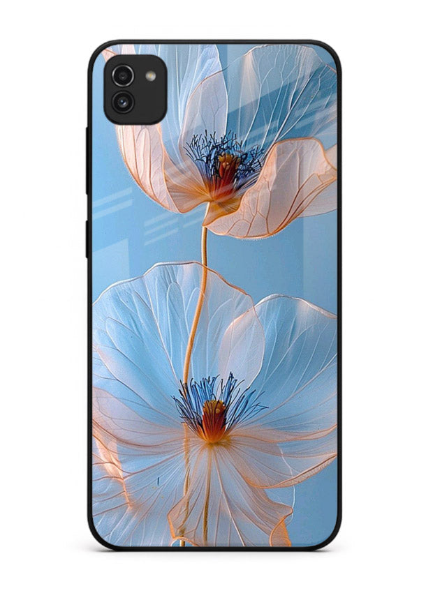 Blue-pink poppy artwork on Samsung A03 glass back cover with expressive floral shading.