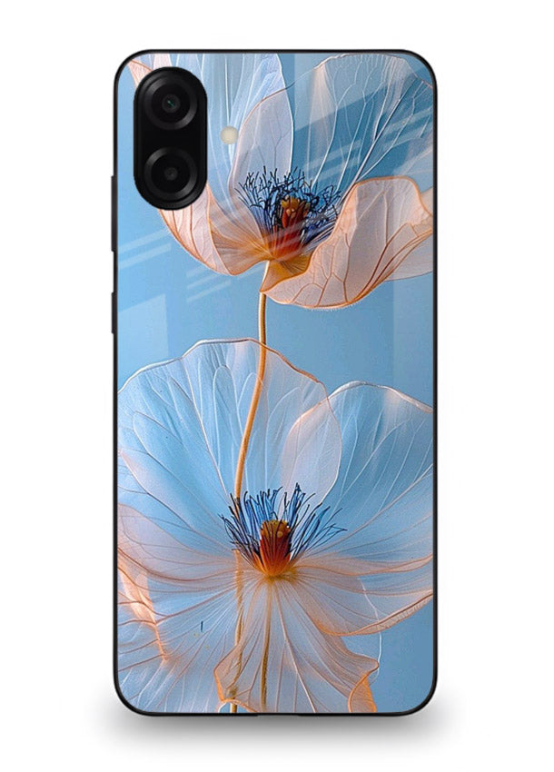 Blue-pink poppy artwork on Samsung M13 5G glass back cover with expressive floral shading.