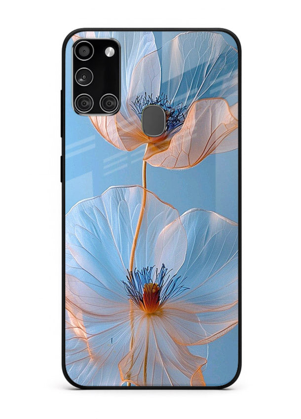 Blue-pink poppy artwork on Samsung A21s glass back cover with expressive floral shading.
