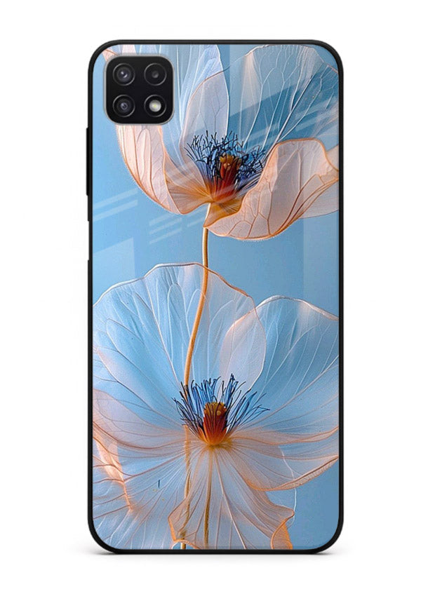 Blue-pink poppy artwork on Samsung F42 5G glass back cover with expressive floral shading.