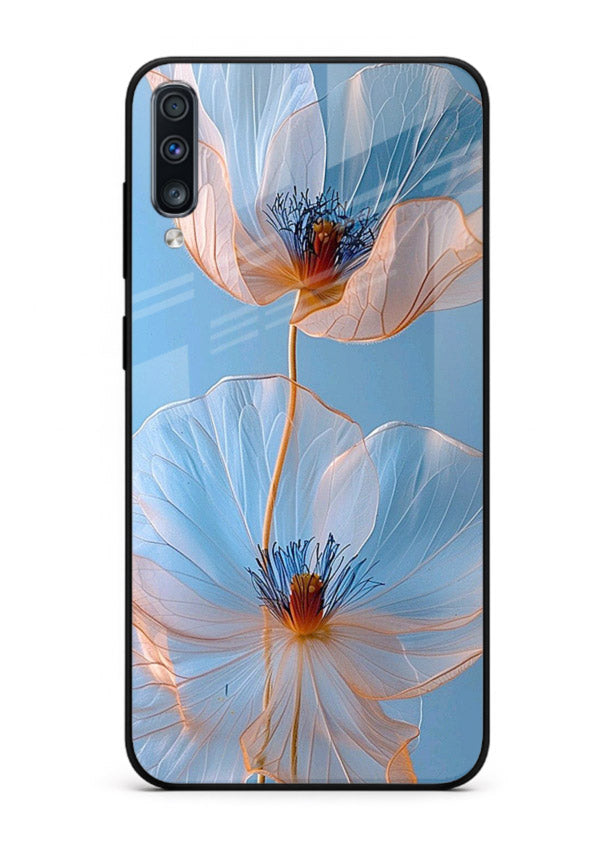 Blue-pink poppy artwork on Samsung A50 glass back cover with expressive floral shading.